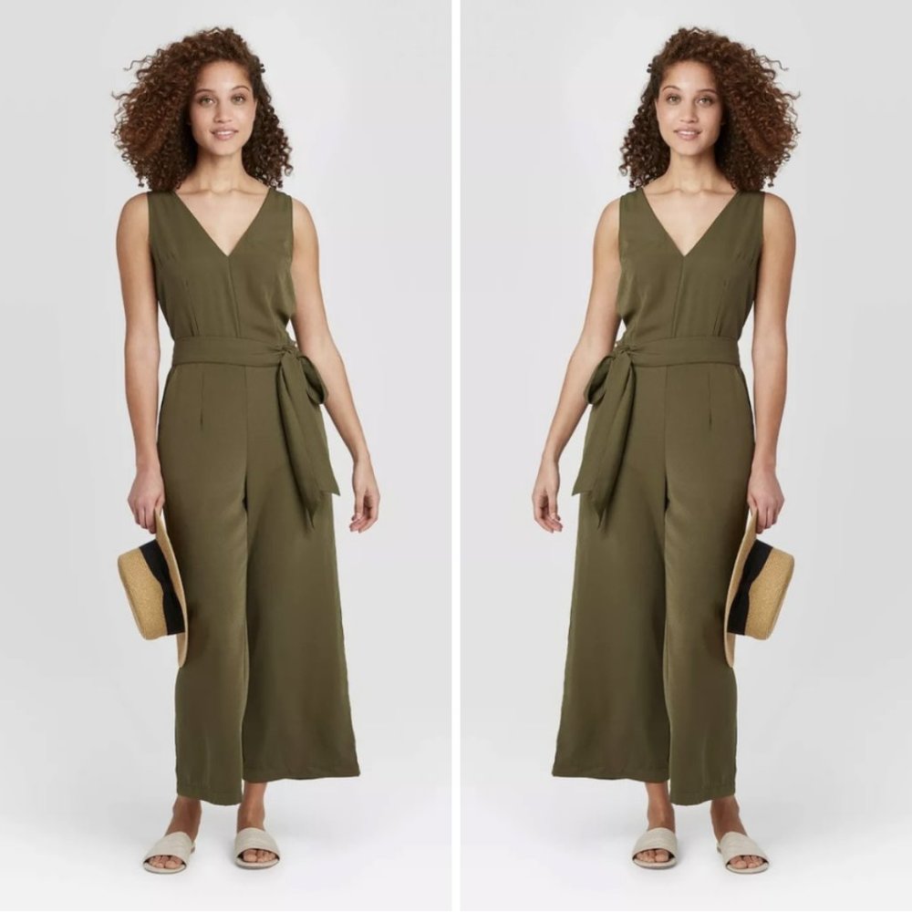 A New Day Olive Green V-neck Belted Jumpsuit XS